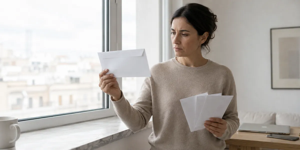 Mujer joven junto a una ventana revisa cuatro sobres blancos idénticos y separa uno de ellos con gesto de duda