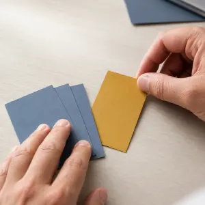 Detalle de unas manos separando una ficha mostaza de otras tres fichas azules colocadas sobre una mesa clara