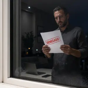 Reflejo nocturno en el cristal de una ventana de un hombre que sostiene un documento con un sello rojo de DENEGADO