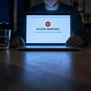 Vista a ras del tablero de una mesa: un portátil abierto muestra un aviso de acceso denegado que ilumina de azul la escena nocturna