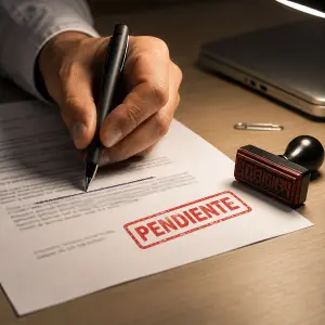 Primerísimo plano de unos dedos que corrigen con bolígrafo un escrito impreso junto a un sello de caucho rojo con la palabra pendiente