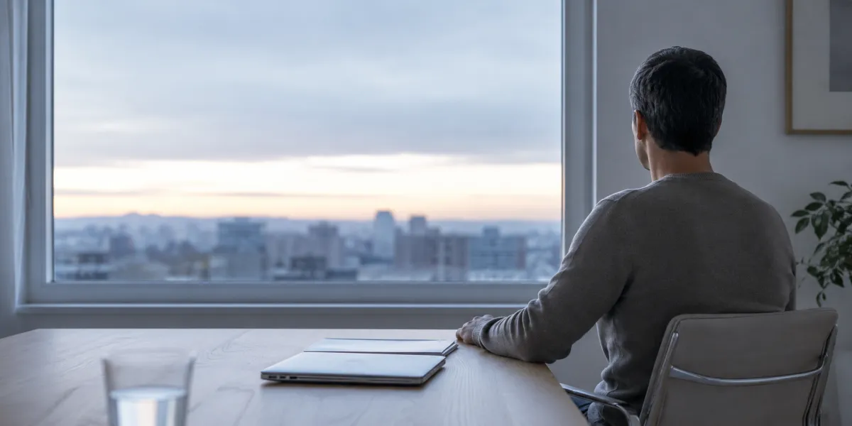 Persona de espaldas ante una ventana al amanecer, con un portátil cerrado y una carpeta sobre la mesa, antes de iniciar la consulta de su inclusión en un fichero de morosos