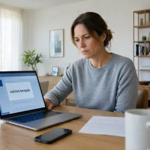 Mujer de unos 38 años frente a un portátil en un salón con luz natural de día, leyendo en la pantalla un mensaje de solicitud denegada