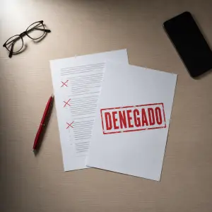 Vista cenital de una mesa de noche con una lista impresa de requisitos legales marcada con aspas de bolígrafo rojo y un documento con sello de caucho rojo DENEGADO