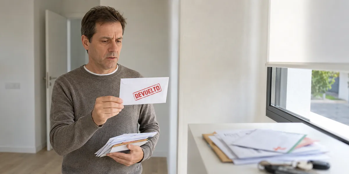 Persona junto a la ventana de su casa descubre un sobre cerrado traspapelado entre el correo, marcado con un sello rojo que dice DEVUELTO