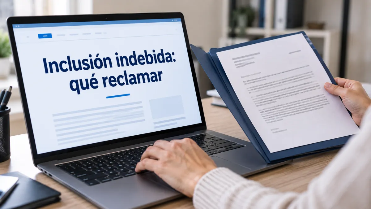 Carpeta con la reclamación por una inclusión indebida en ASNEF sobre la mesa de un despacho
