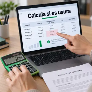 Contrato de un microcrédito con intereses abusivos junto a una calculadora
