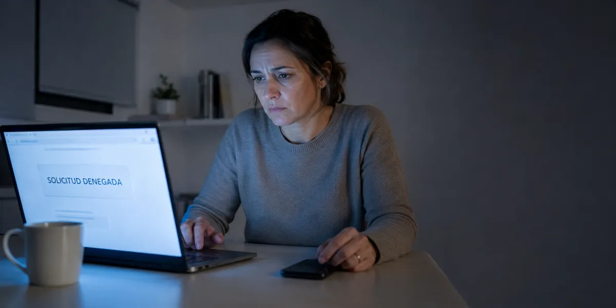 Mujer de unos cuarenta años lee en la pantalla de su portátil el aviso de solicitud denegada, iluminada por la luz azulada del monitor
