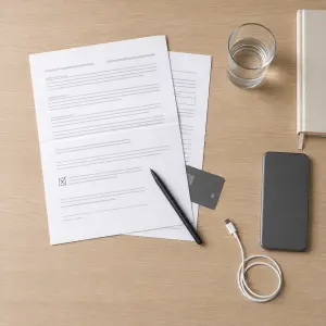 Vista cenital de una mesa de trabajo con un contrato de financiación, un móvil y una tarjeta, ordenados con luz natural de día