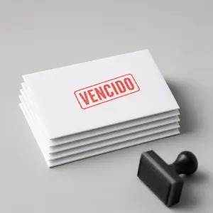 Pila de cinco cartas idénticas de reclamación de deuda sobre fondo liso, marcada con un sello de caucho rojo que dice VENCIDO