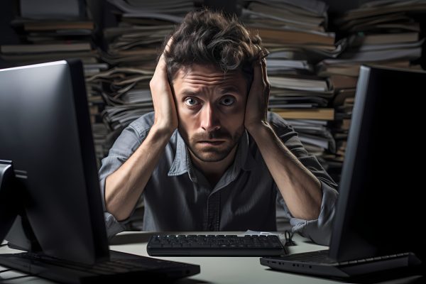 Hombre preocupado frente a la computadora después de que Bondora te ha incluido en el registro de morosos