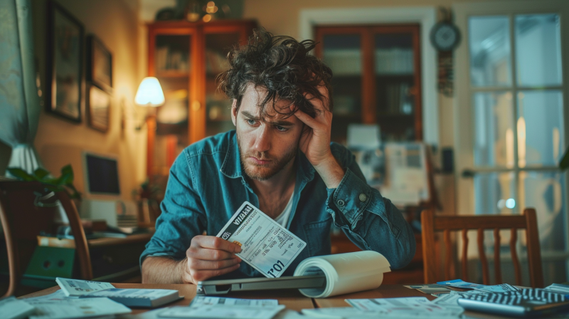 Hombre preocupado revisando sus documentos financieros.