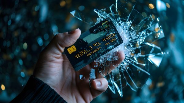 A victim of identity theft discovers their information breached, depicted as a person holding a shattered credit card